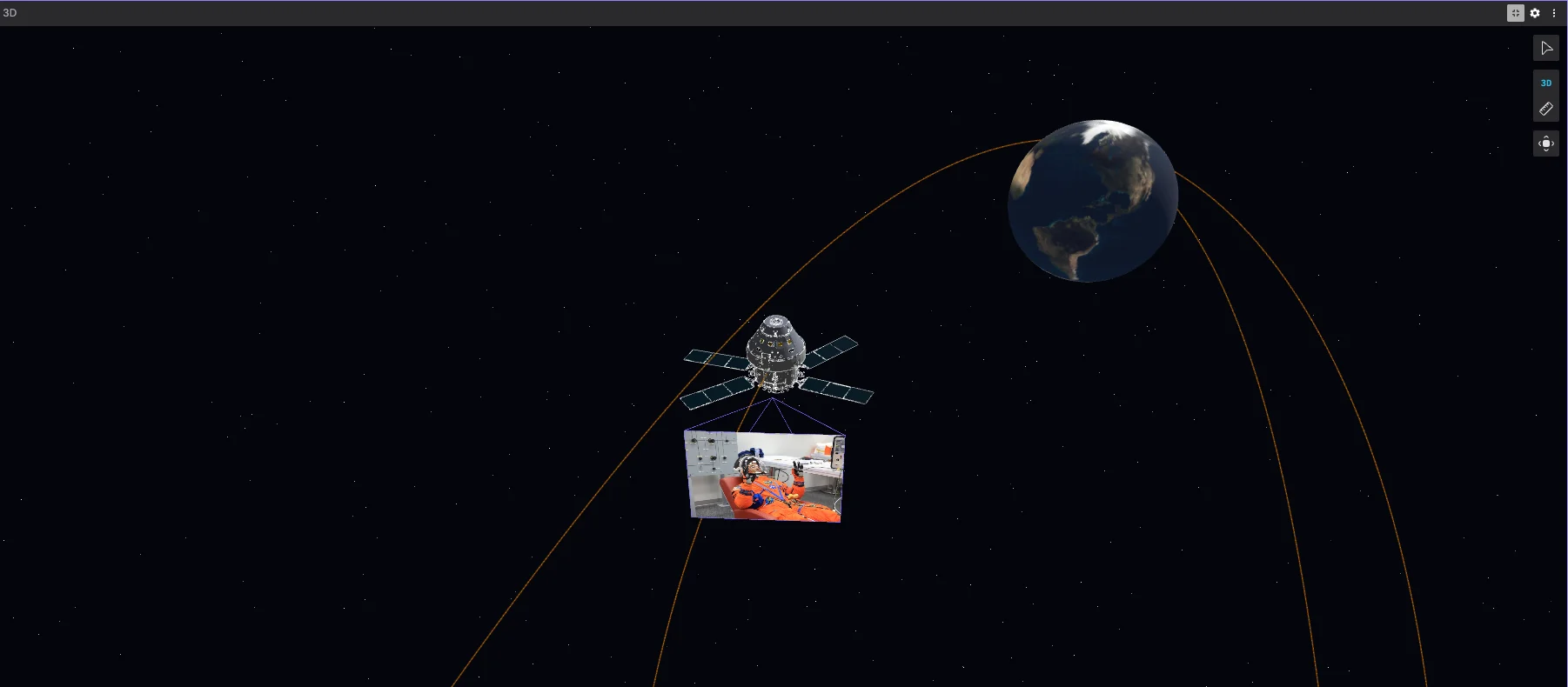 Orion's trajectory plotted through inertial space in the Foxglove 3D panel