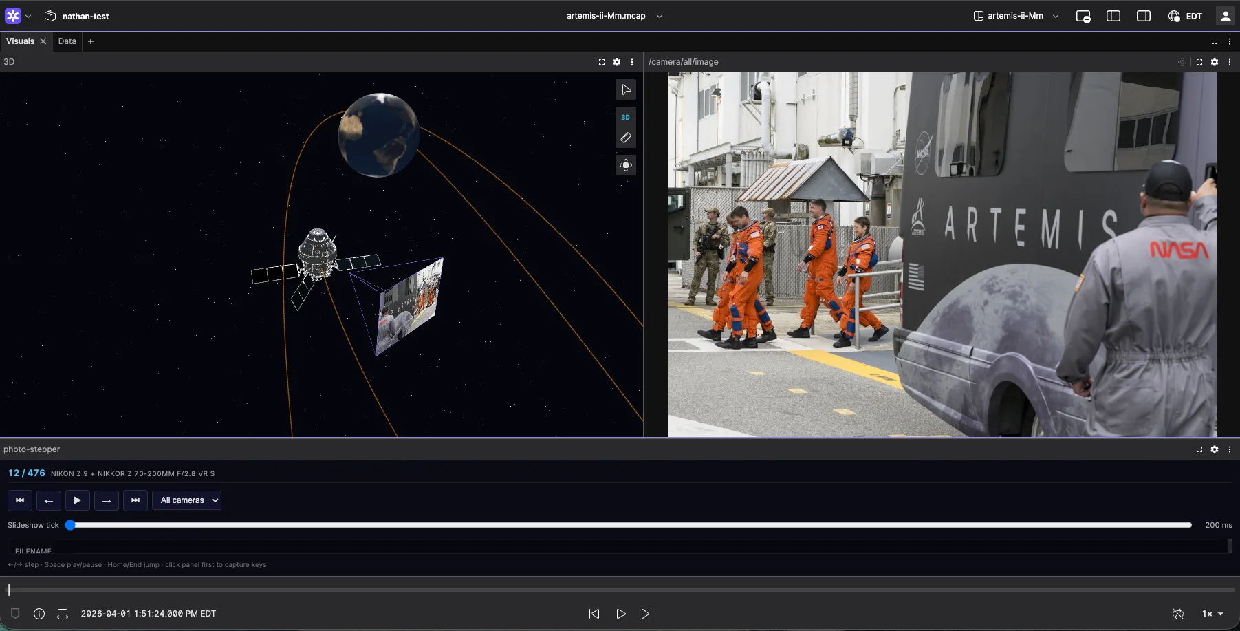 The Visuals tab: the 3D orbital view alongside mission photos